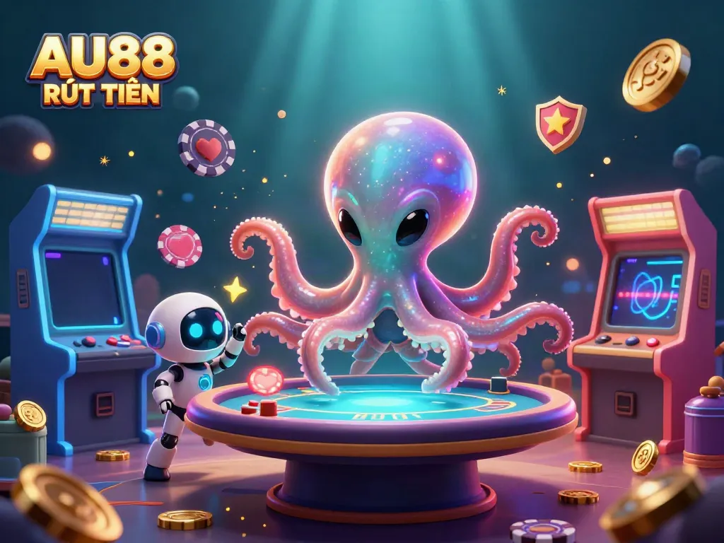 Engaging visual of AU88 RÚT TIỀN showcasing an alien octopus at a holographic poker table among vivid casino elements in space.