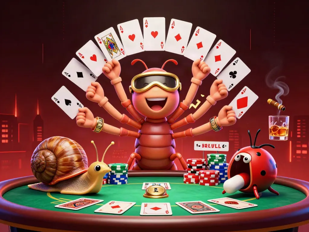 ABCVIP showcases vibrant casino excitement with a millipede dealer, snail high-roller, and pill bug in action