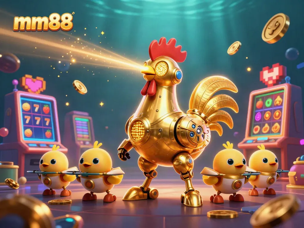 Engage with mm88's exciting casino experience featuring a futuristic golden rooster robot among slot machines.