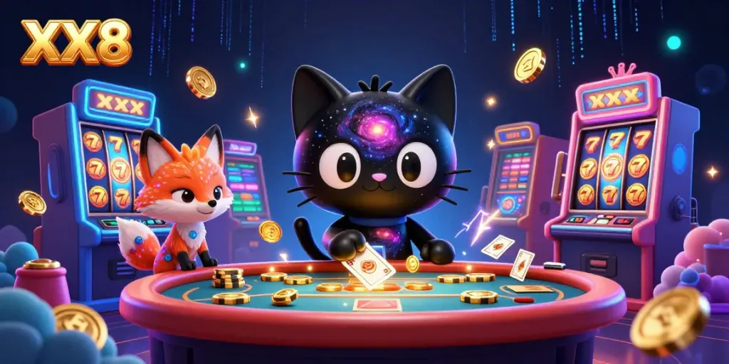 Experience the excitement of XX8 at a cosmic casino with swirling colors and winning slots.