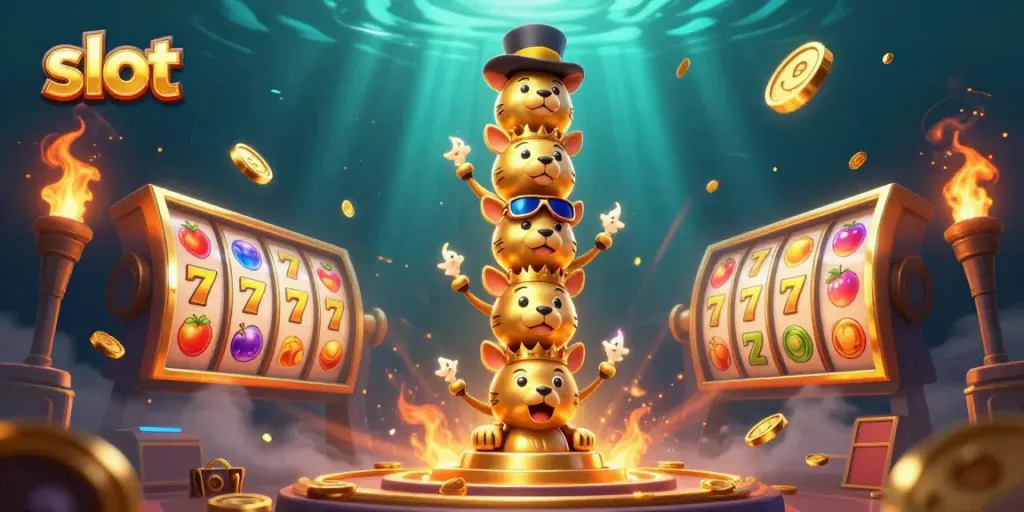 Experience exciting slot games with dynamic gaming elements and a whimsical golden totem pole.