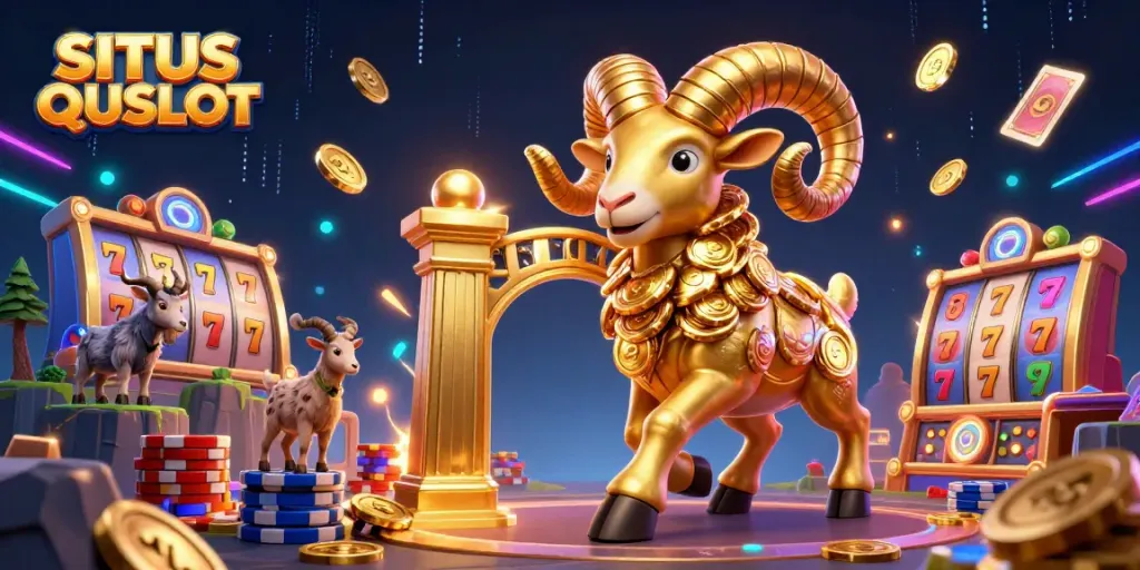 Experience the excitement at SITUS QQSLOT with a vibrant 3D illustration featuring a majestic golden ram and dynamic slot elements.