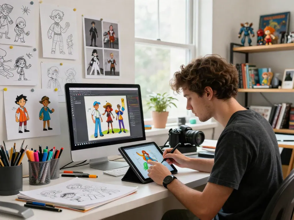 Illustrator designing characters using a consistent character generator in a vibrant studio.