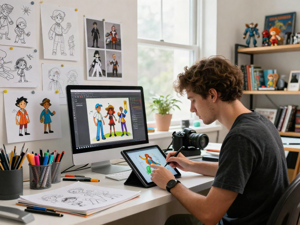 Illustrator designing characters using a consistent character generator in a vibrant studio.