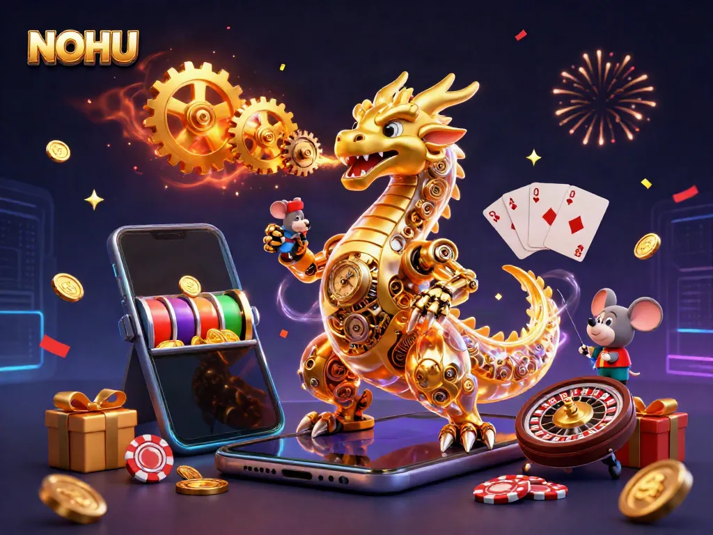 Engage with NOHU in a dynamic casino scene featuring a golden dragon, slot games, and celebratory elements.