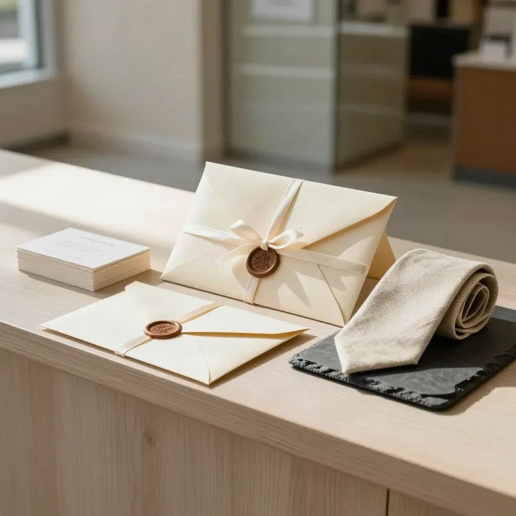 Ribbon-tied envelopes and face-down contact cards on a pale wood ledge in warm window light.