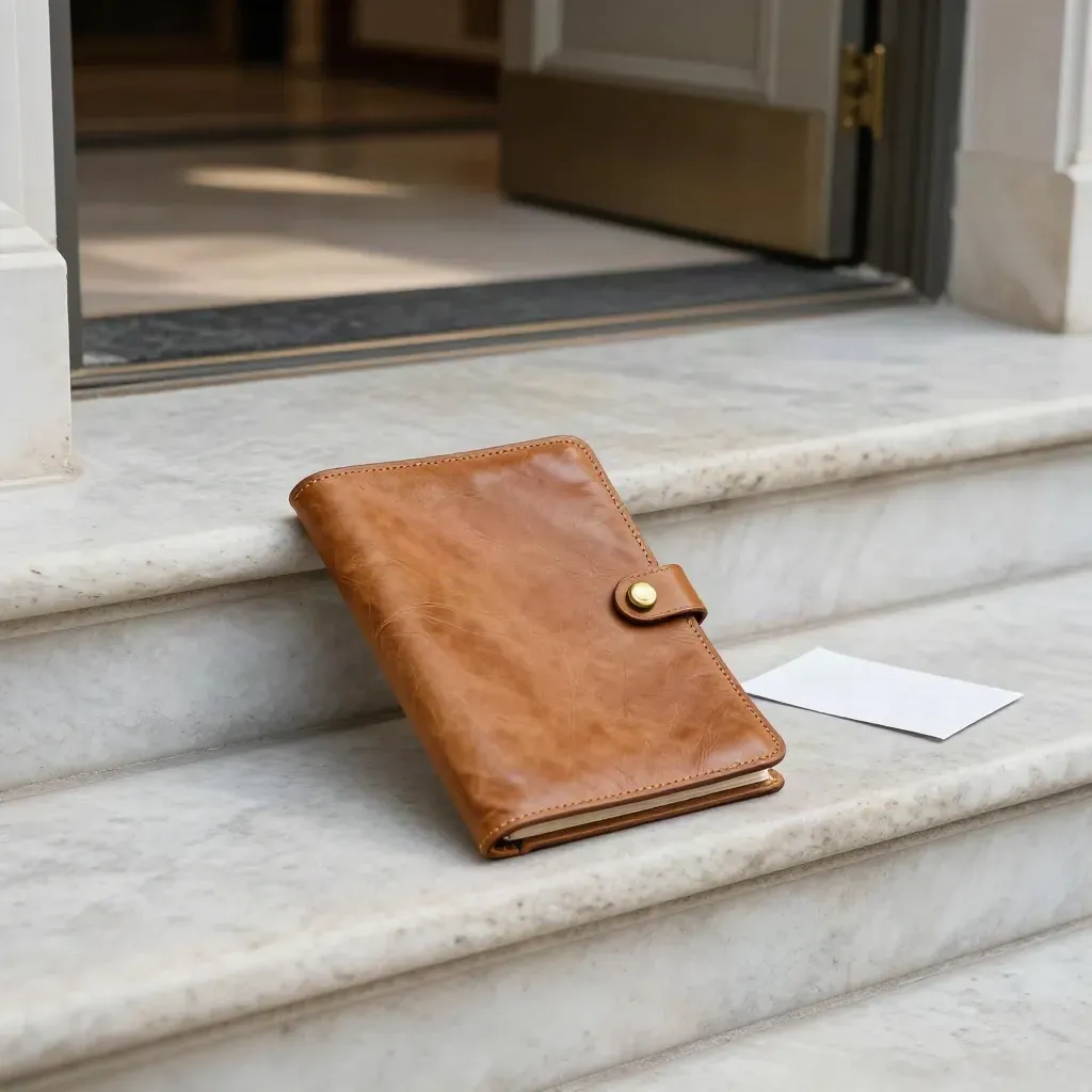 Marble capitol stair landing with leather folio and brass pull in late sun