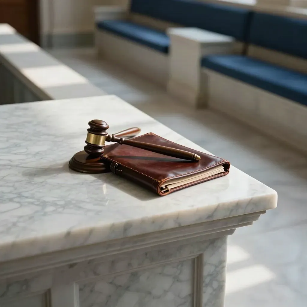 Empty marble hearing chamber with brass gavel and closed leather folio in soft morning light.
