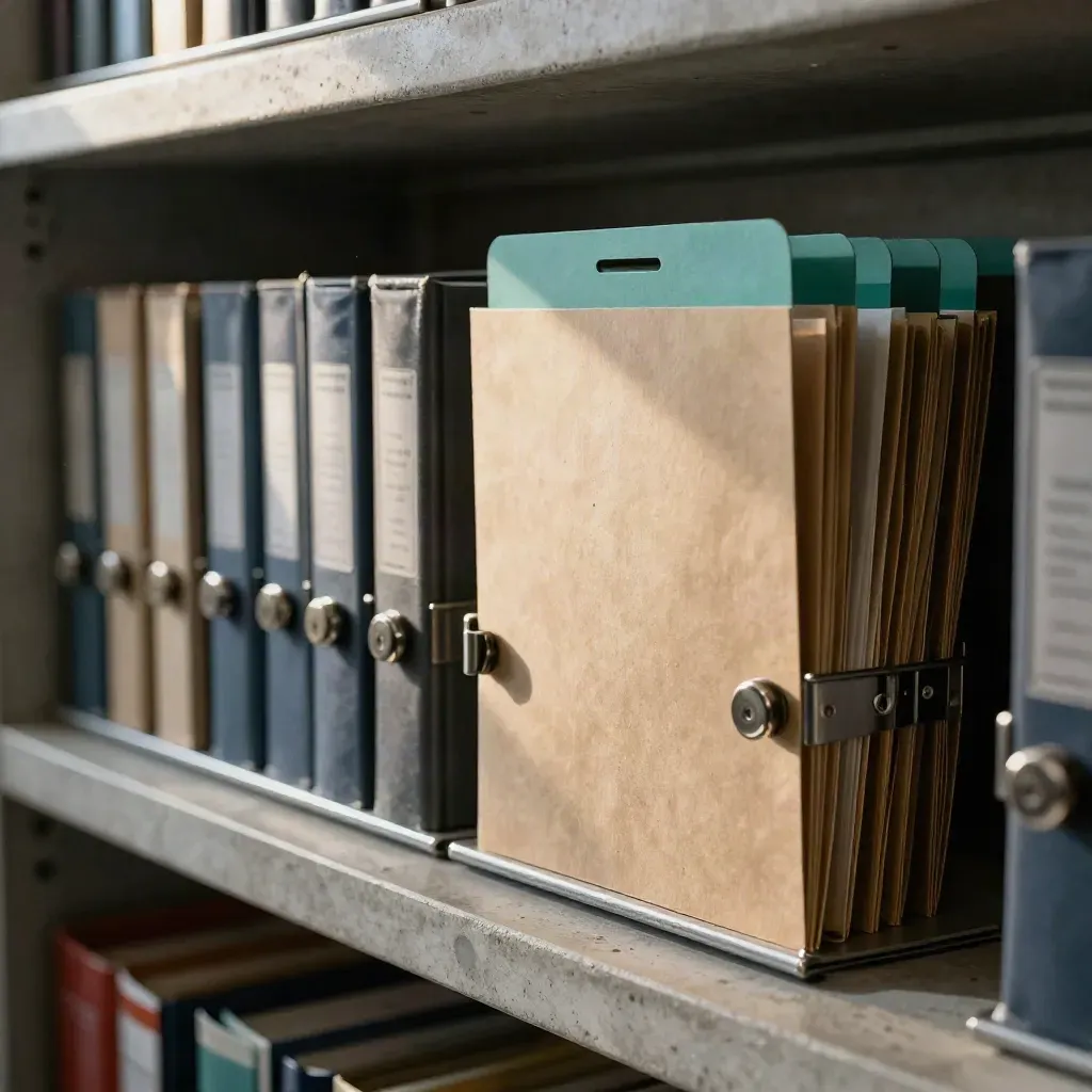 Color-coded folders and filing rails on a concrete shelf in warm late-afternoon light.