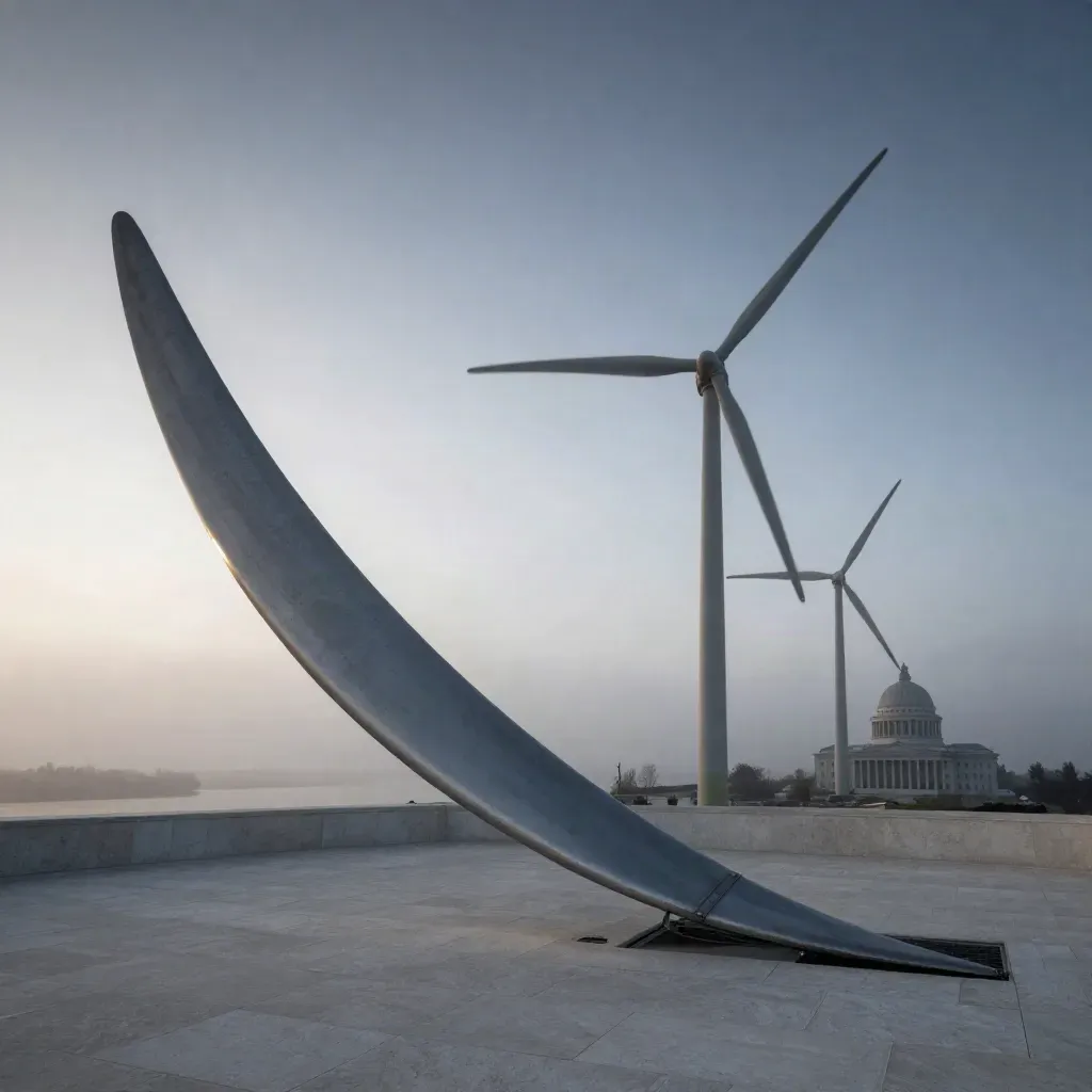 Wind turbines over a civic terrace at dawn with a domed government building in mist.