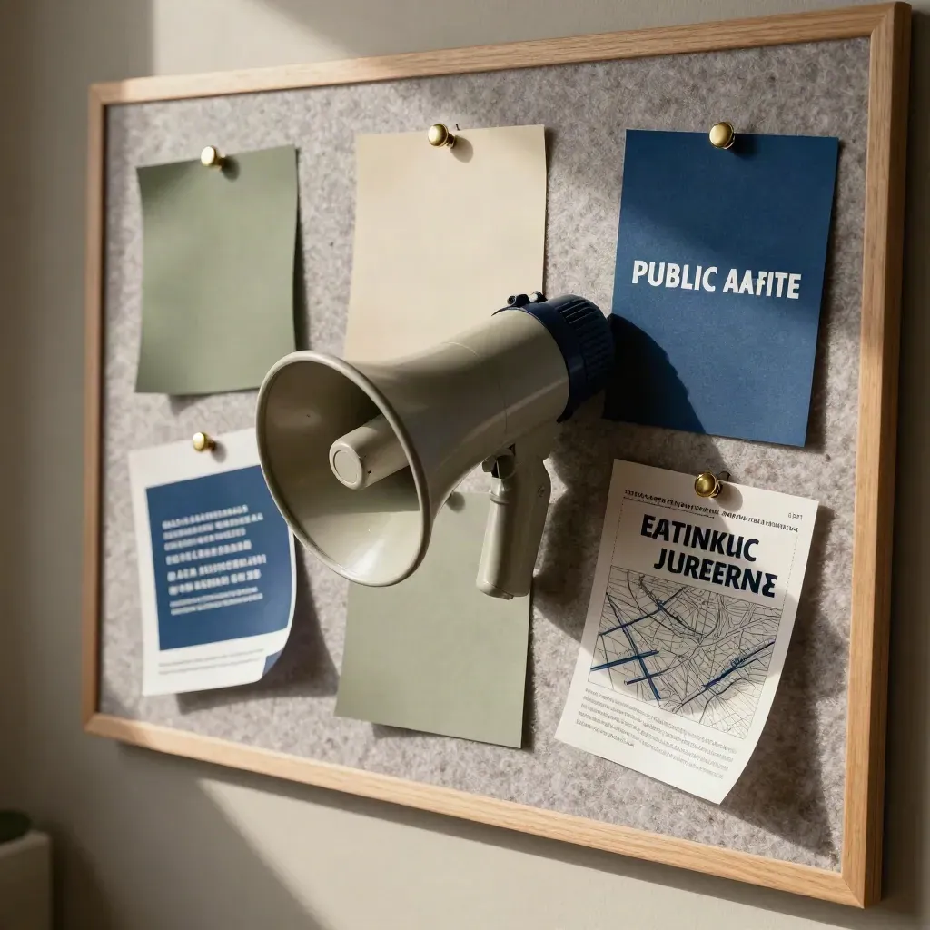 Pinned swatches, a sideways megaphone, and folded event markers on a neutral pinboard.