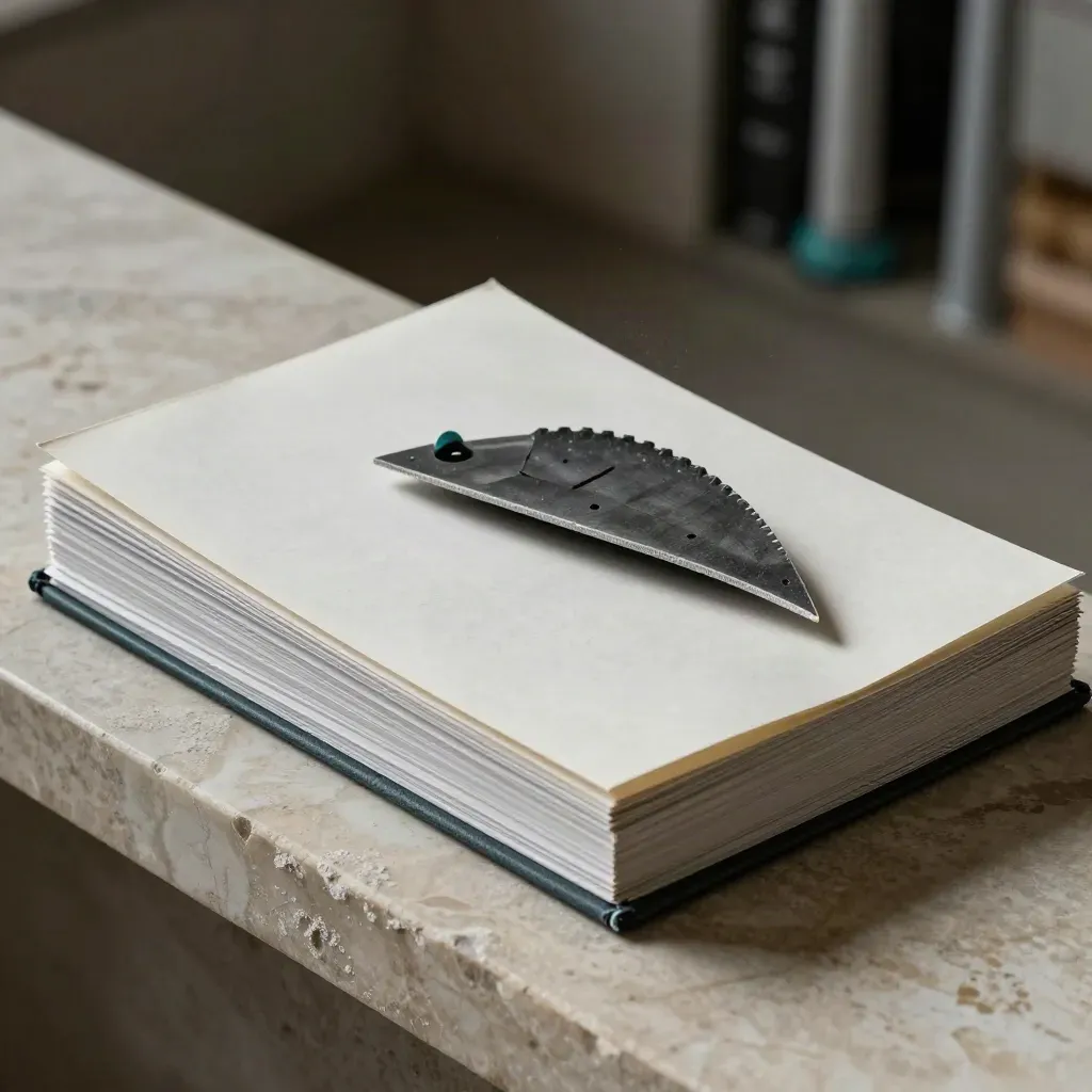 Charcoal policy brief beside reference cards and a turbine blade sample on pale limestone.