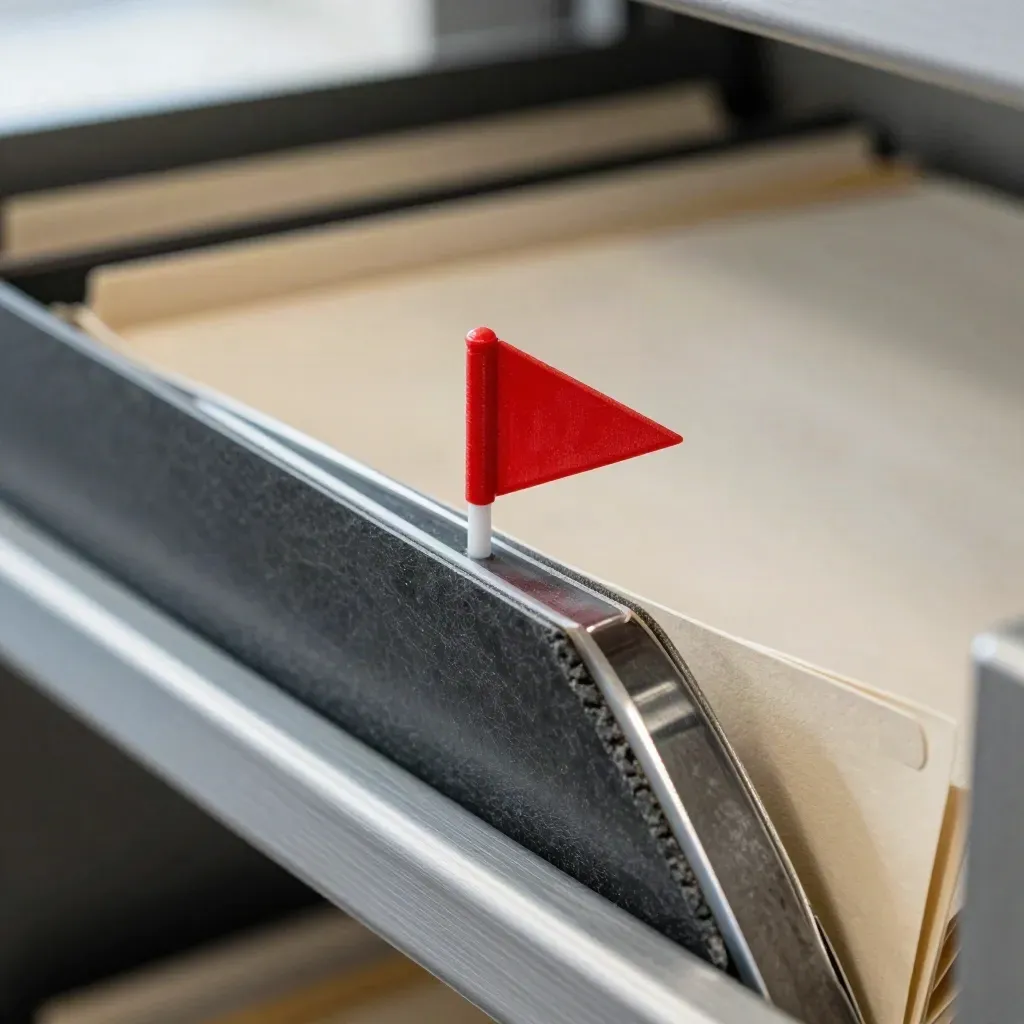 Compliance folders, a red flag, and a turbine blade sample on a metal rail.