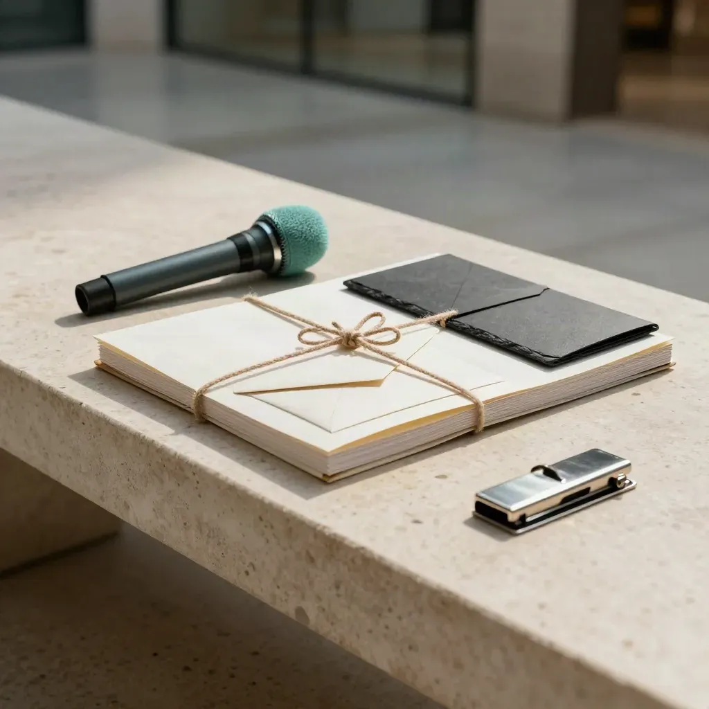 Policy brief, sealed envelopes, and teal microphone windscreen on a stone bench in a civic lobby.