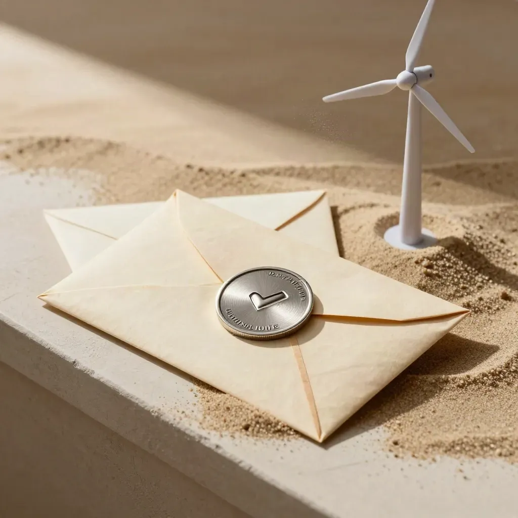 Civic envelopes, approval token, and wind-turbine model arranged in sand by a sunlit window.