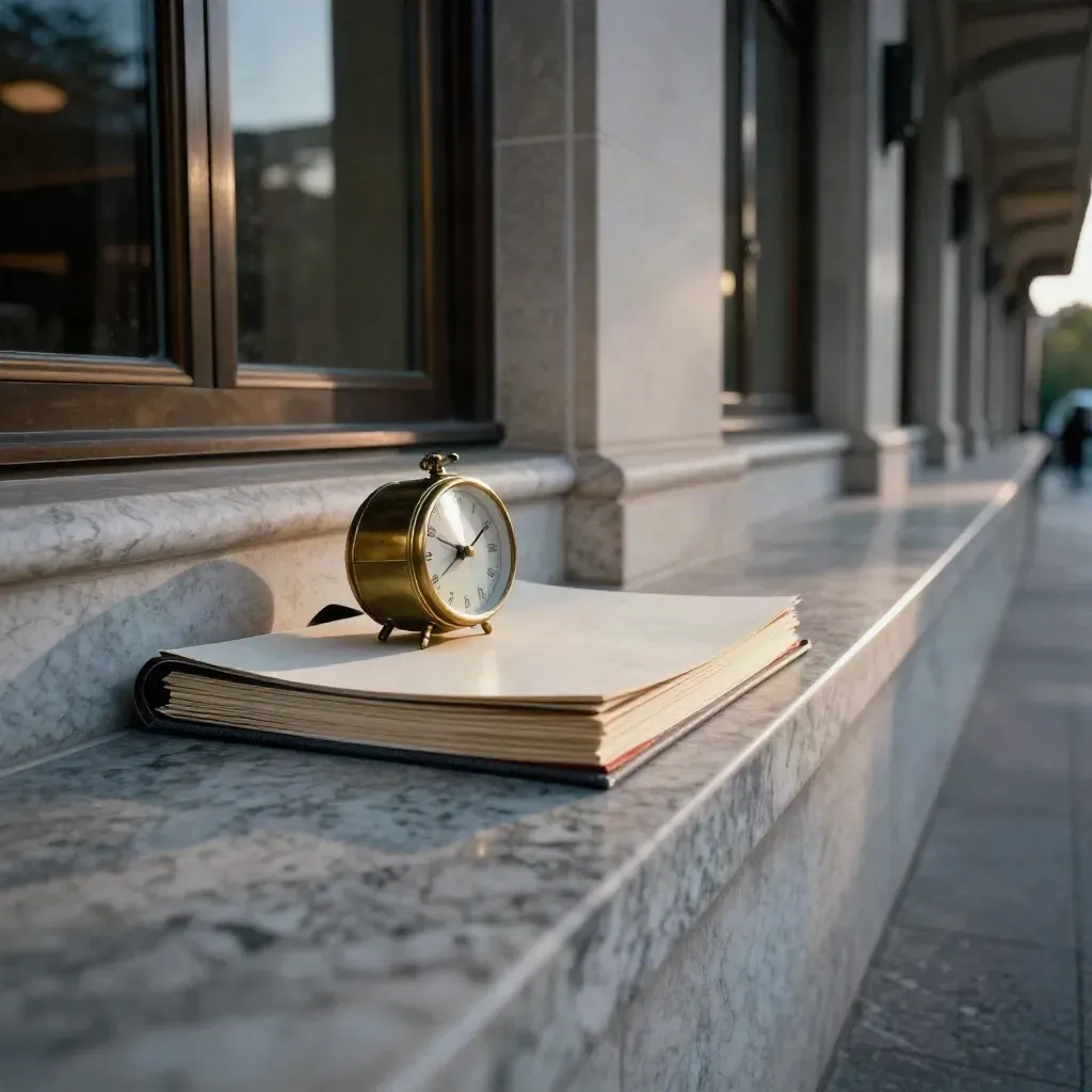 Brass clock and tabbed briefing folio on a marble sill by a civic facade