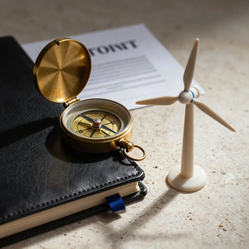 Brass compass, black leather folio and wind-turbine blade model on pale travertine.