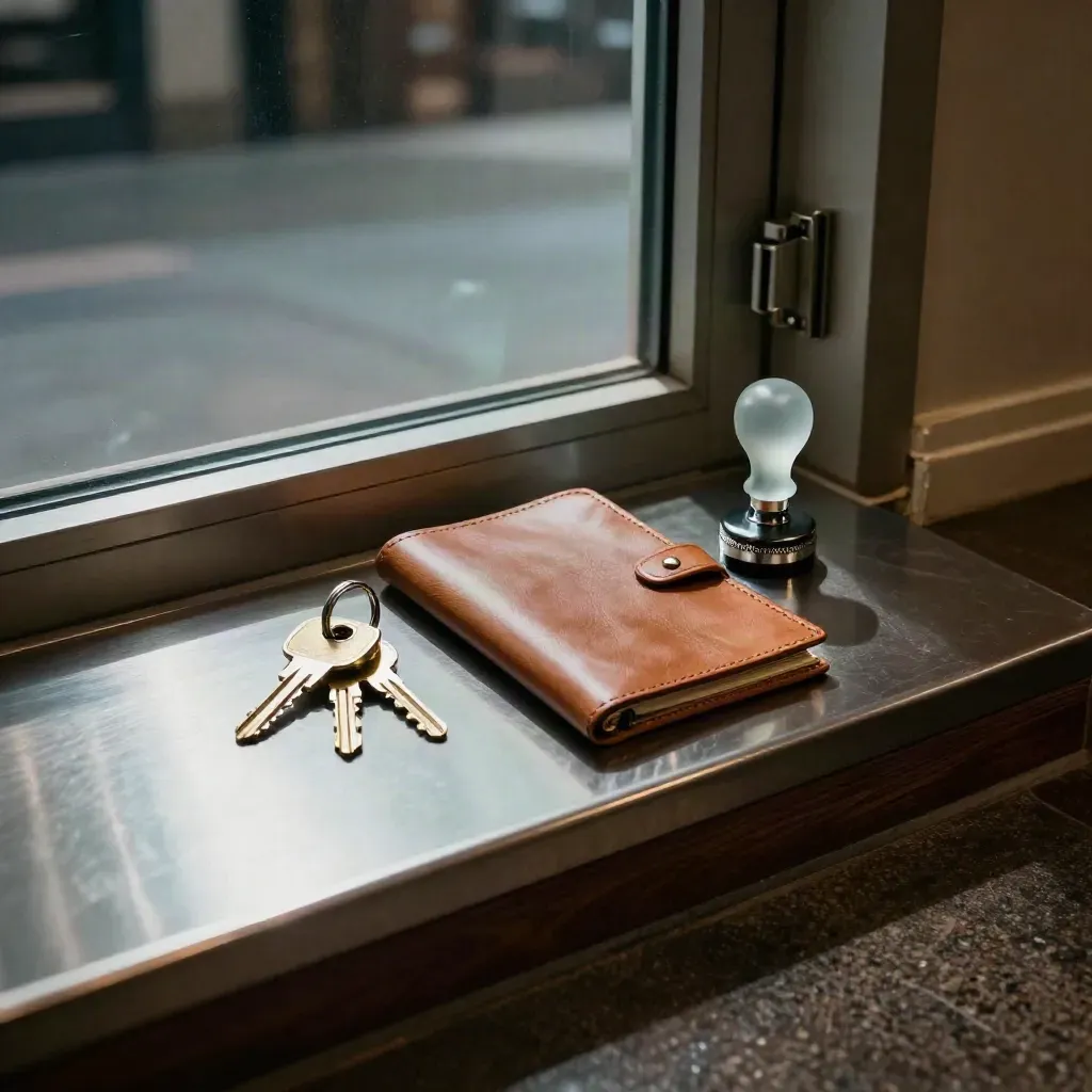 Brass keys, appointment folio, and seal stamp on a brushed metal lobby ledge by a frosted door.