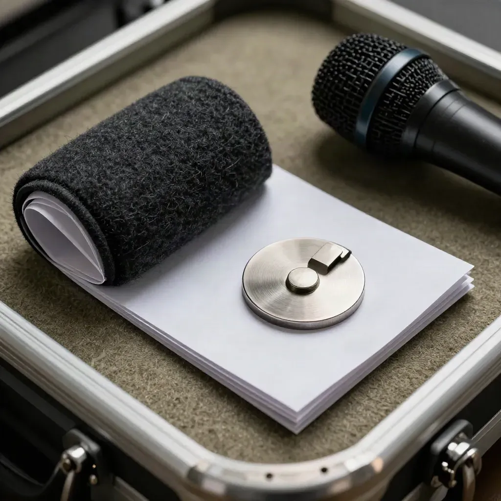 Press kit still life with microphone windscreen, folded sleeve and signal token on felt tray.