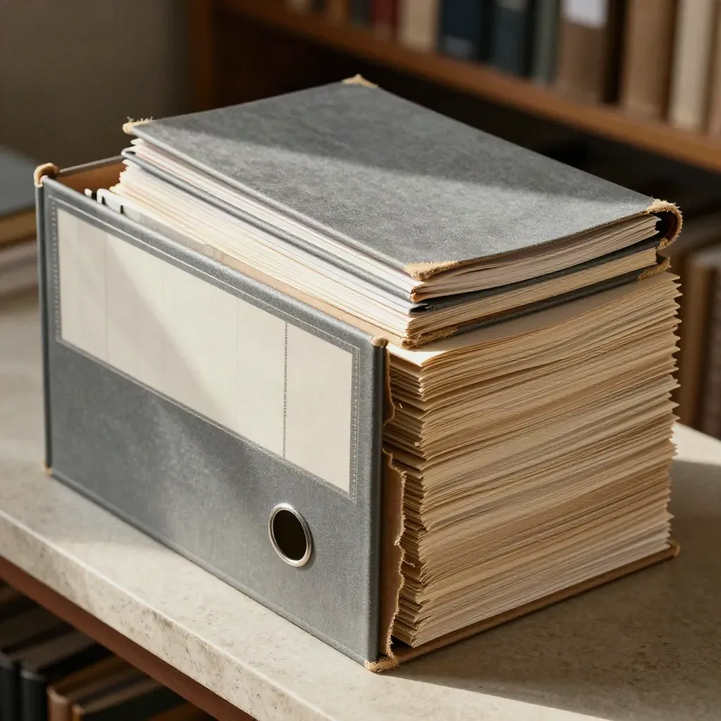 Top-down archive still life with file box, blank dividers, and research ledger on pale stone.