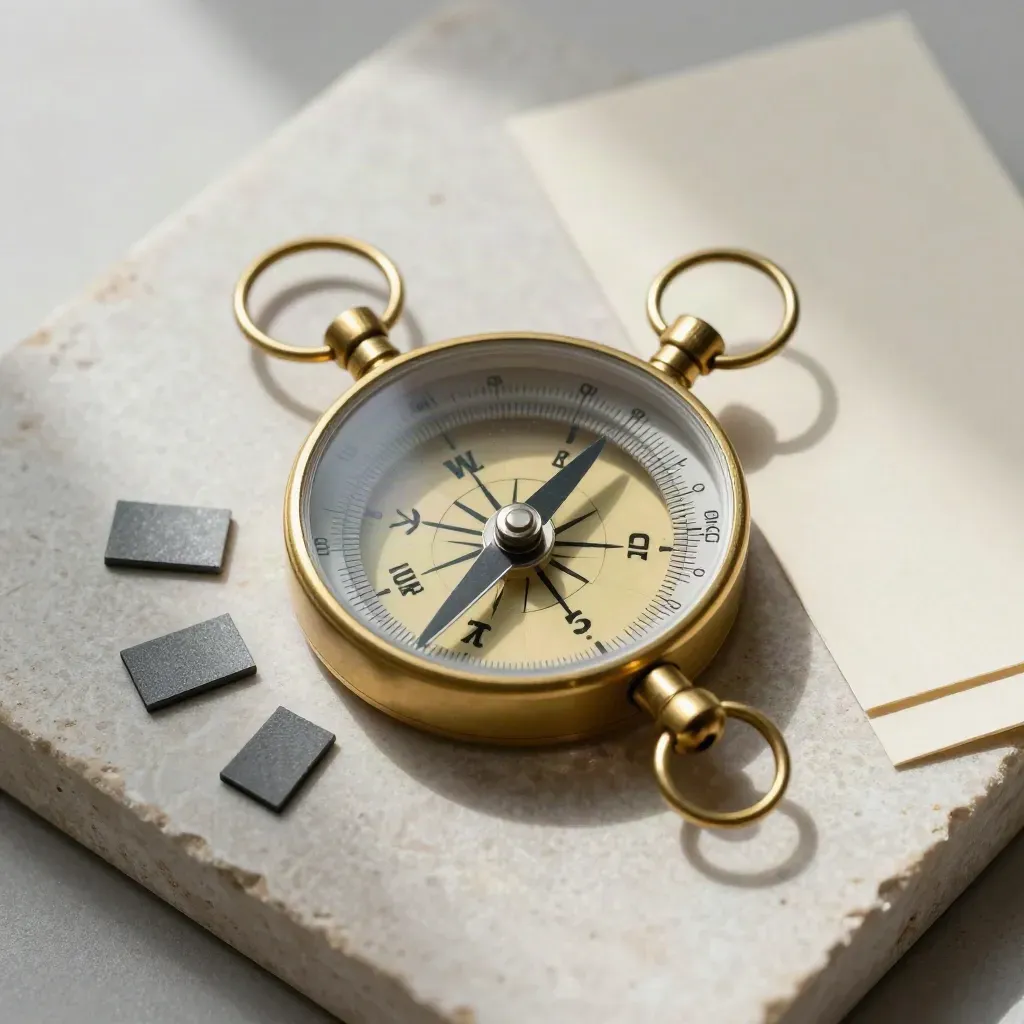 Brass compass, acetate overlay, and slate tabs on pale stone in soft side daylight.