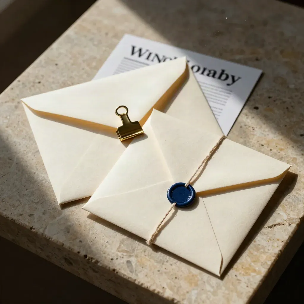 Overhead flatlay of sealed envelopes, brass clip, and tied outreach packet on limestone