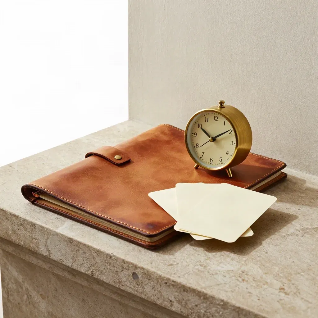 Leather task folio, brass clock and three cream appointment cards on stone.