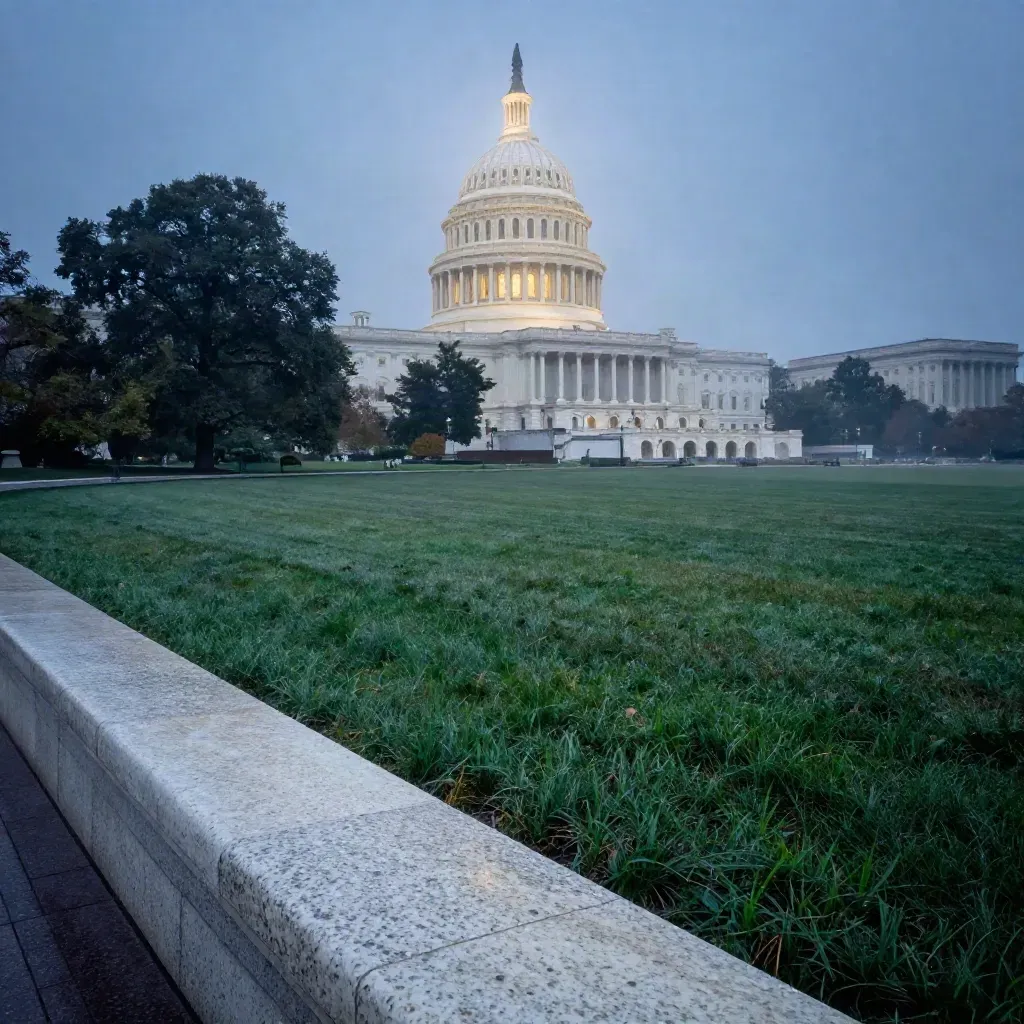 Misty U.S. Capitol dome above the Mall at dawn, wide and calm for headline copy.