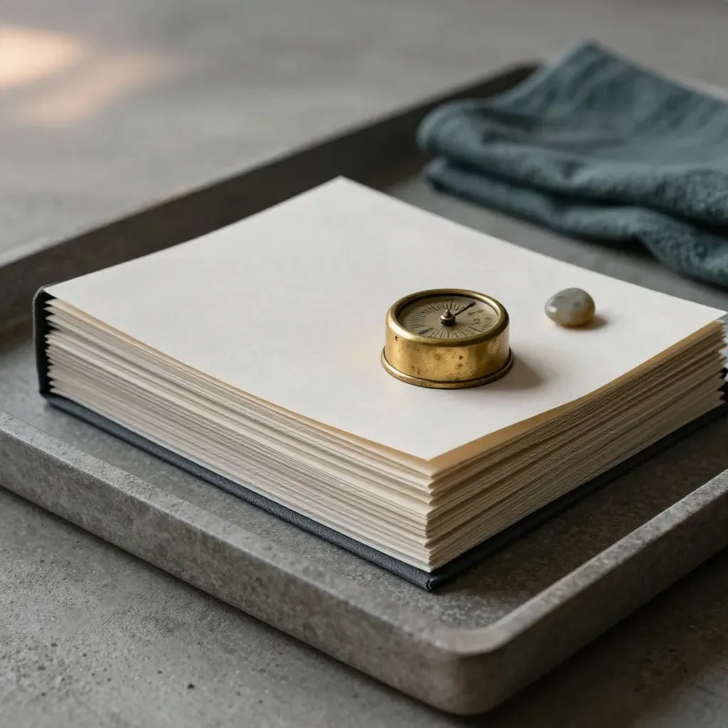 Closed report folios, brass tally counter and stone paperweight on a stone tray.