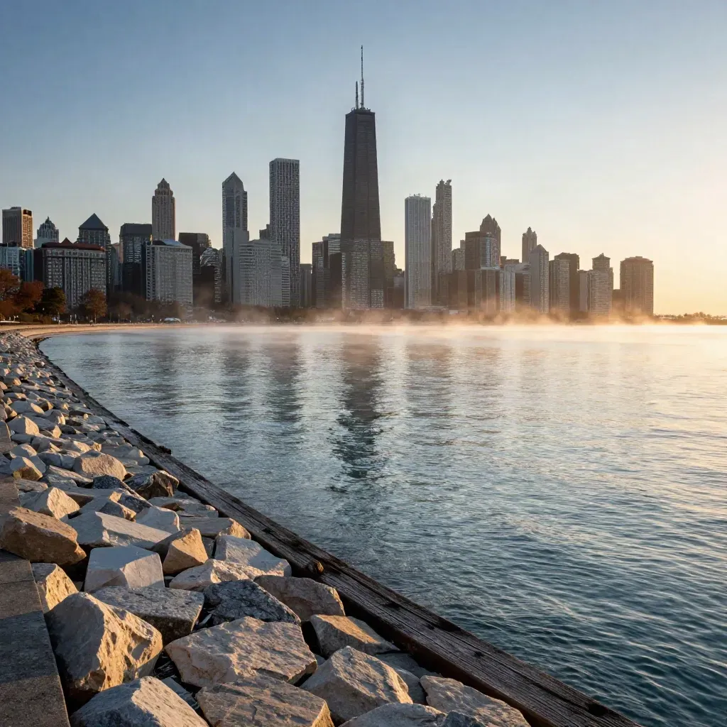 Chicago skyline above misty Lake Michigan at sunrise, open water and breakwater below.