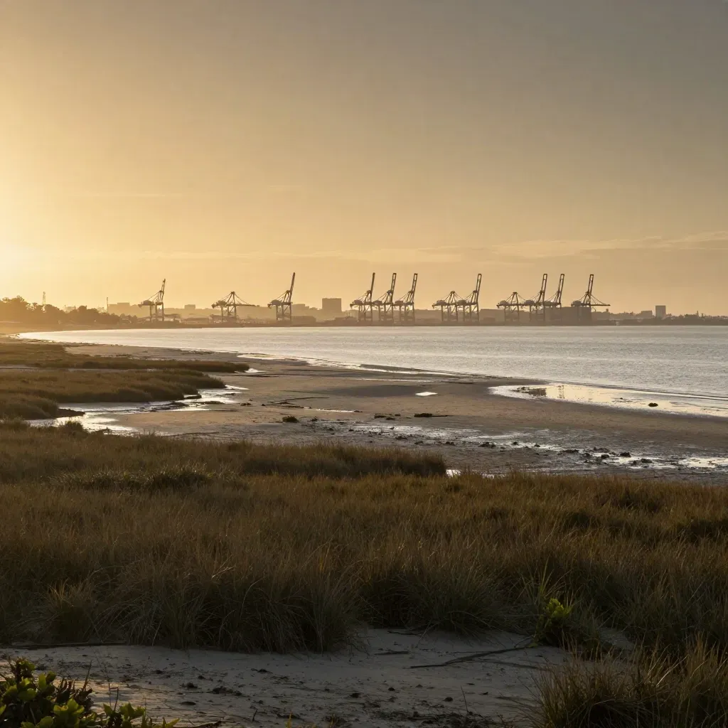 Corpus Christi bayfront skyline and cranes above a calm marshy coastal plain at sunset