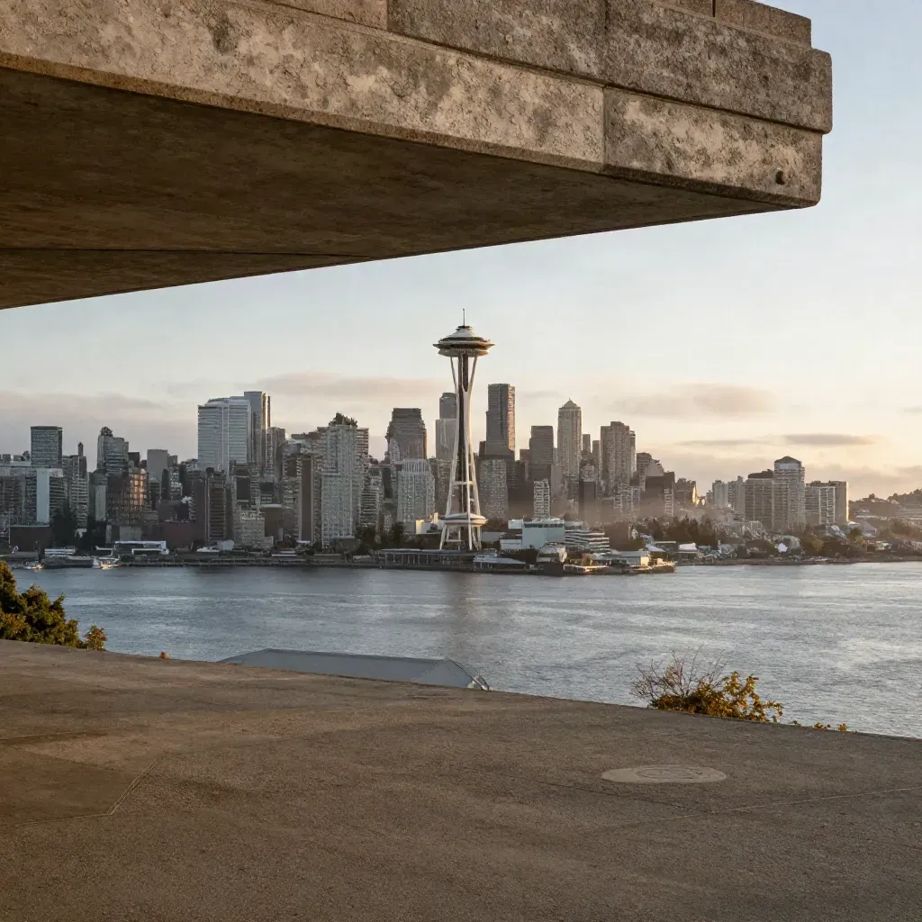 Seattle skyline and the Space Needle over Elliott Bay in golden marine fog.