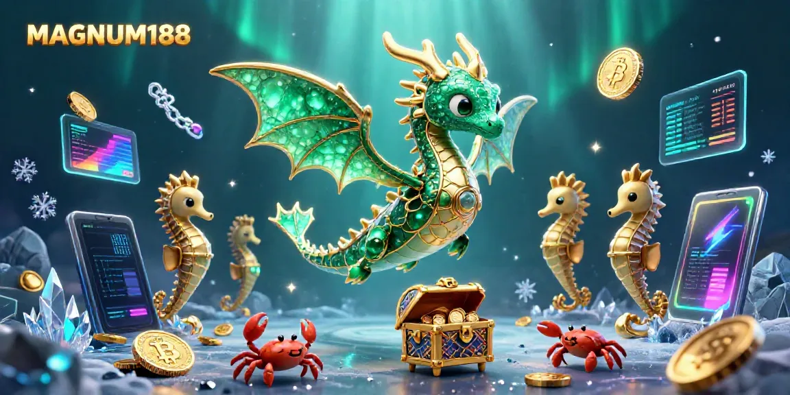 Experience MAGNUM188 with a vibrant underwater scene featuring a majestic sea dragon, crypto elements, and enchanting treasures.