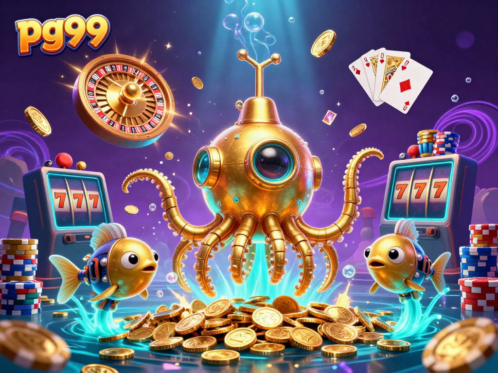 Engage with pg99 in a vibrant underwater casino adventure featuring a golden kraken submarine.