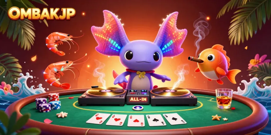 Engage with OMBAKJP through bright 3D axolotl DJ and lively underwater poker scene.