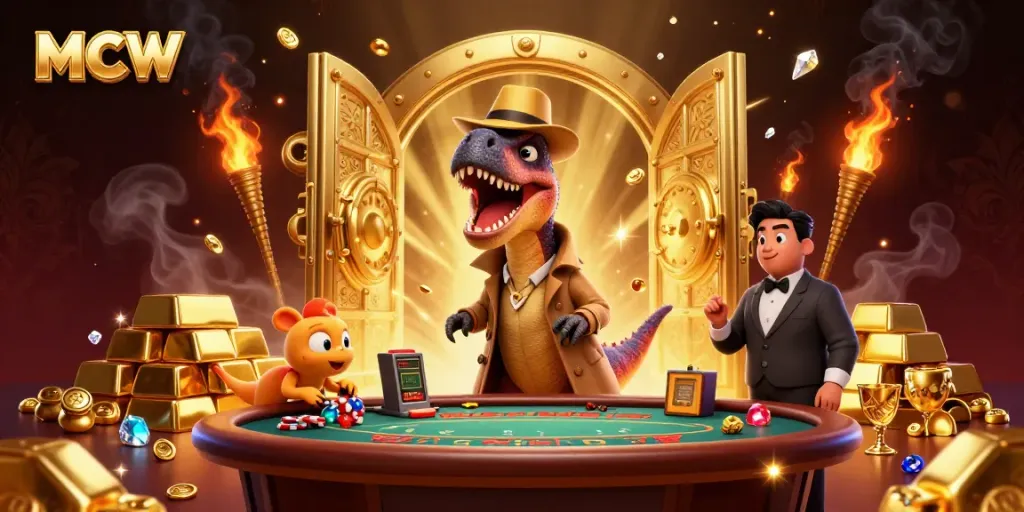 MCW showcases a lively casino scene featuring a velociraptor card counter and a stegosaurus pit boss.