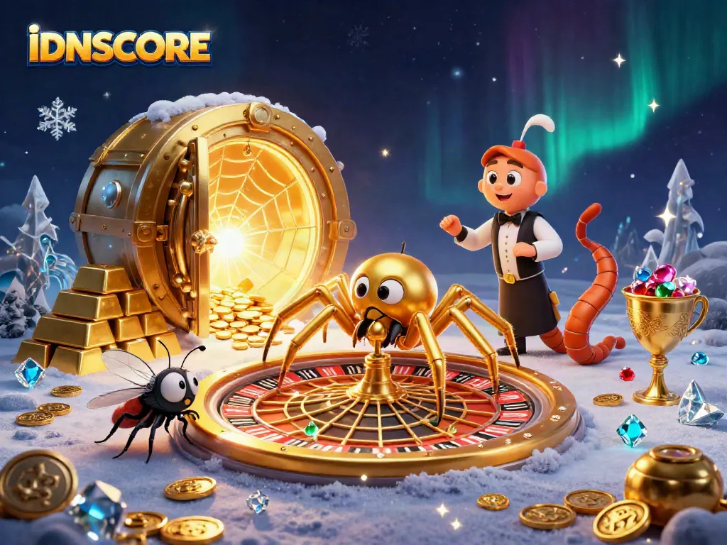 IDNSCORE platform showcasing a golden spider and a centipede croupier in a vibrant casino scene.