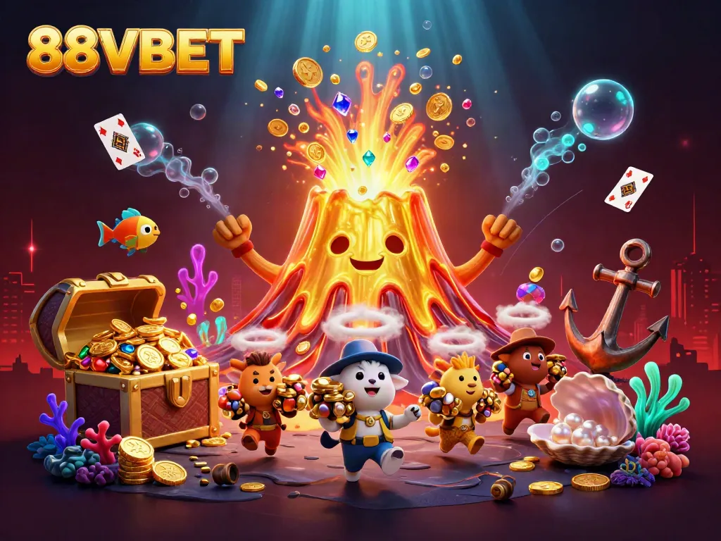 Experience excitement with 88VBET's thrilling treasures erupting from a golden volcano.