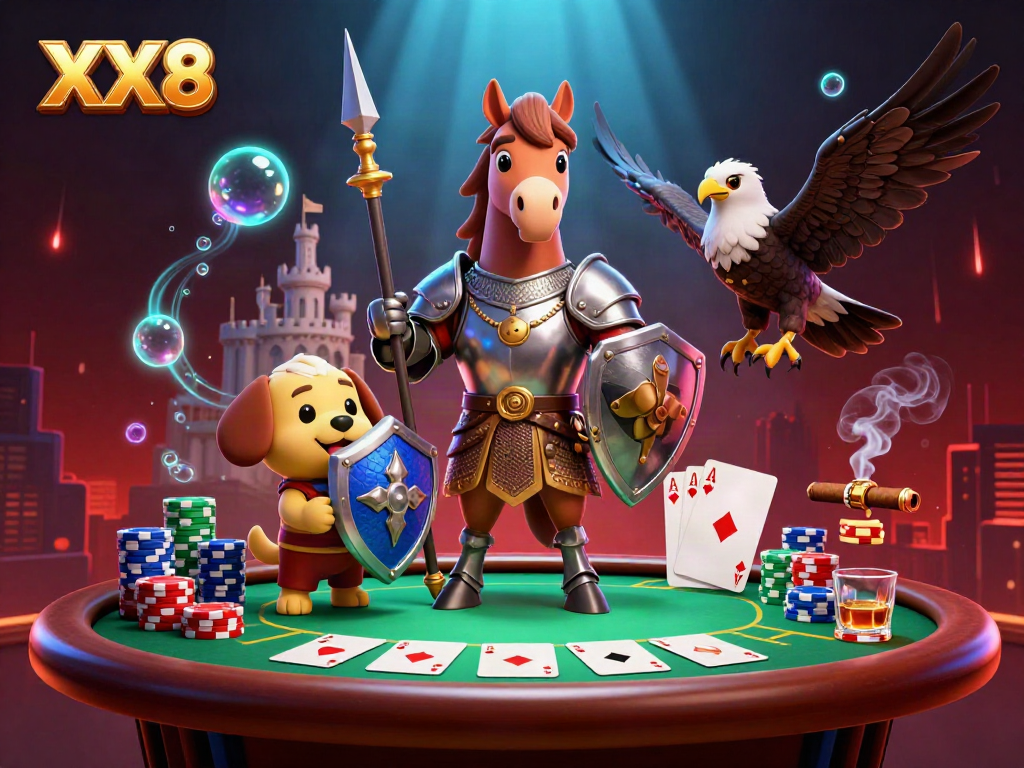 Experience thrilling poker action with the medieval knight and companions at XX8's vibrant casino.