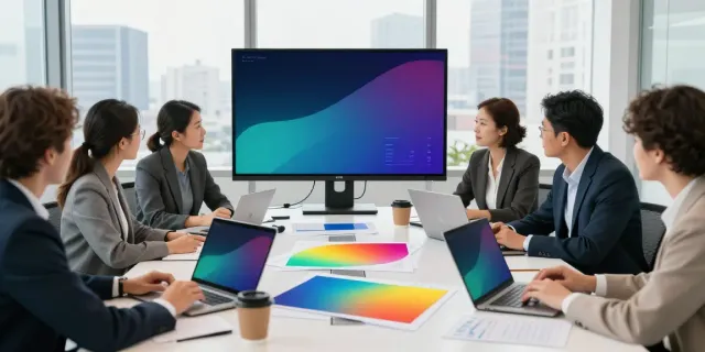Diskusi strategi investasi oleh analis keuangan yang fokus pada deltabet dengan grafik dan laptop di meja konferensi modern.