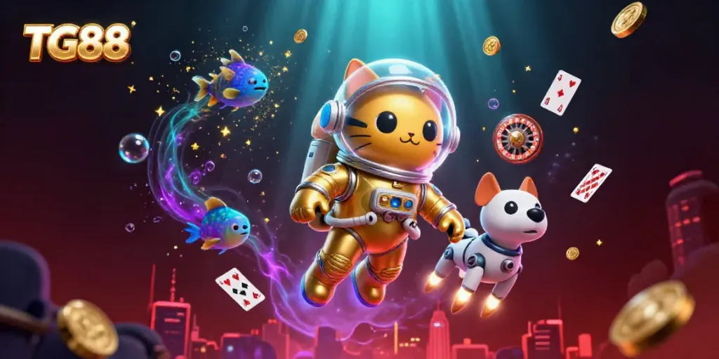 Win big with TG88 online casino experience, featuring vibrant playing cards and luminous treasures.
