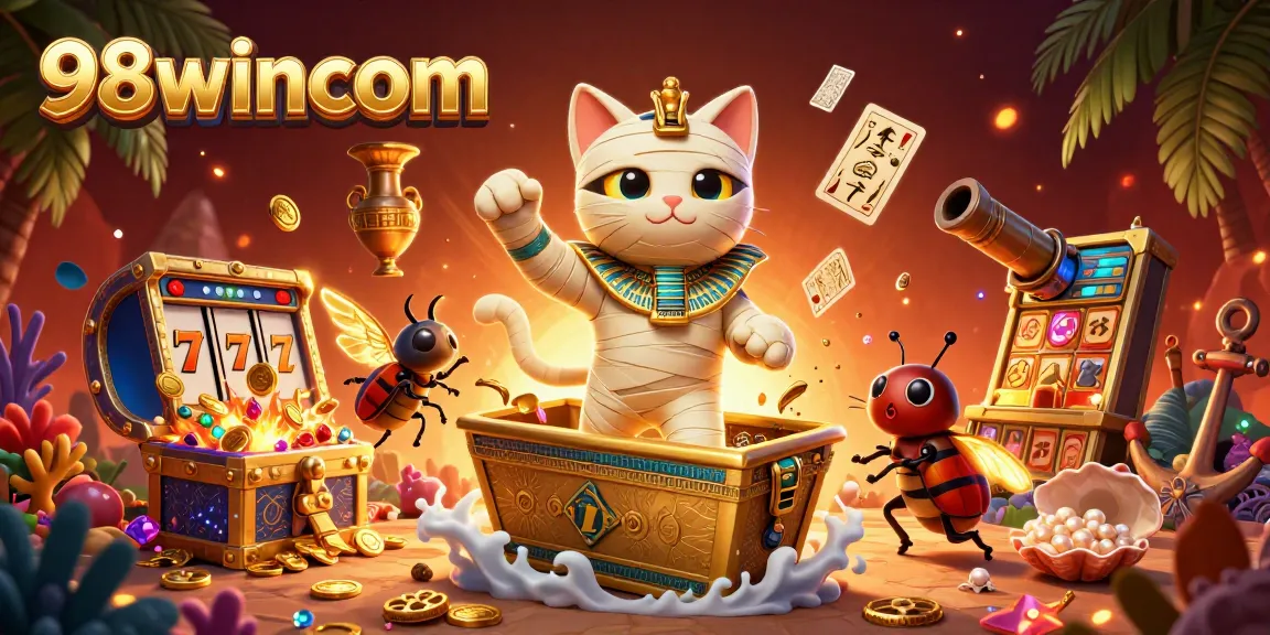 Join the fun and excitement at 98wincom, featuring a mystical casino scene with a mummy cat and treasures.