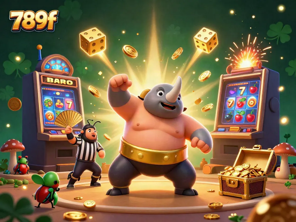 Catch the excitement of 789f with a dynamic casino scene featuring a sumo champion beetle and jackpot effects.