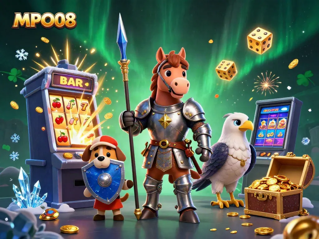 MPO08 features an exciting casino scene with a knight, squire, and falcon as they celebrate a jackpot win.