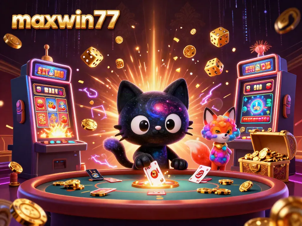 Engage with maxwin77 in a vibrant cosmic casino setting featuring a charming black hole cat and colorful fox.