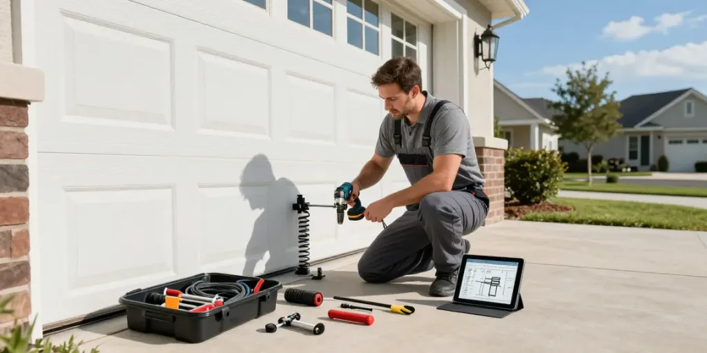 Technician performing garage repair service near me with tools and parts in bright suburban setting.