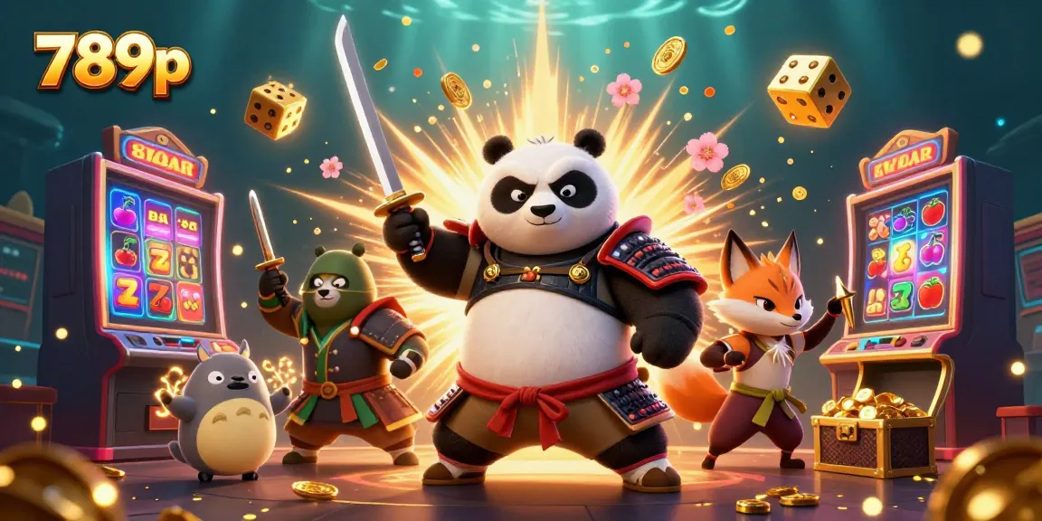 Experience thrilling jackpots at 789p with a vibrant scene of a samurai panda and golden treasures.