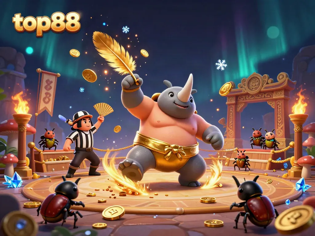 Experience thrilling gameplay with top88 as the beetle champion stomps coins in a vibrant arena.