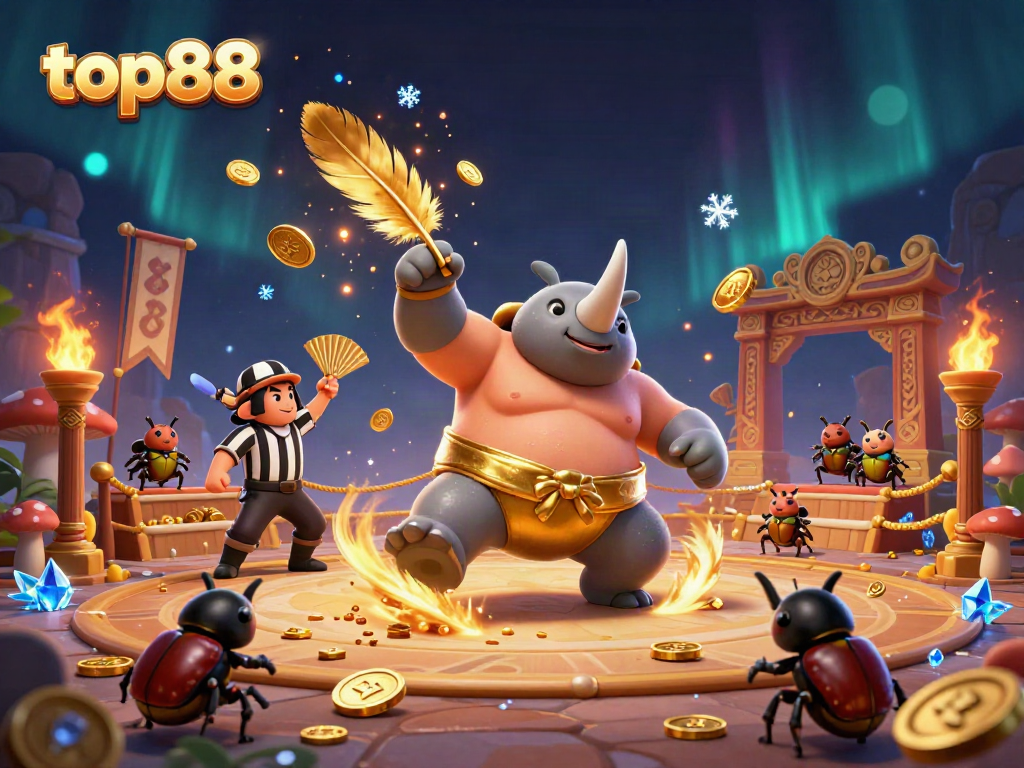 Experience thrilling gameplay with top88 as the beetle champion stomps coins in a vibrant arena.