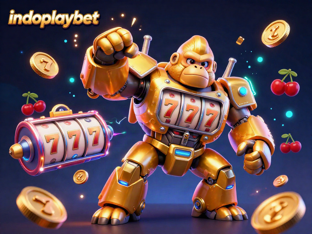 Indoplaybet menghadirkan gorila emas mech dan simbol slot dengan aksi menarik dalam ilustrasi 3D.